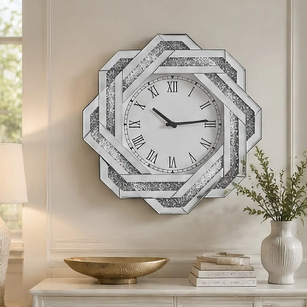 20 Inch Large Silver Mirrored Wall Clock with Roman Numerals Crushed Diamond Beveled Glass Frame Elegant Art Deco Design for Living Room Bedroom Dining Room Home Decor, Silver Color Options, MDF+glass Material, American Design Style