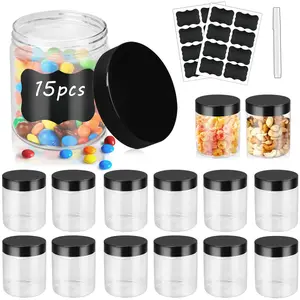 15 Pack 8oz Plastic Jar Storage Container with Screw-on Lids Wide-mouth Jars with Lables Refillable Empty Containers for Dry Food Kitchen Transparent Utensils
