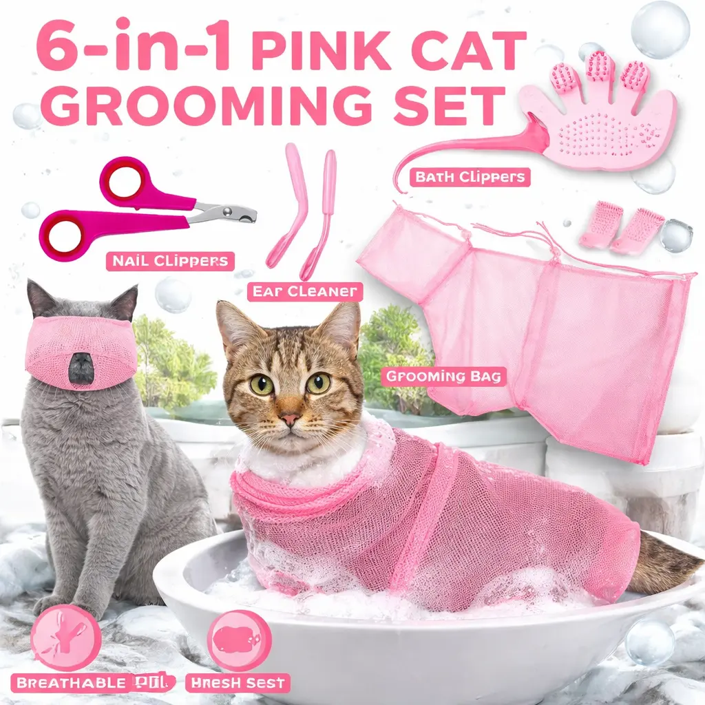 5-Piece Cat Grooming Kit with Adjustable Bag, Shower Net, Muzzle, Nail Clipper, Tick Remover, Massage Brush for Home Stress-Free Bathing, Nail Trimming, Five Pieces