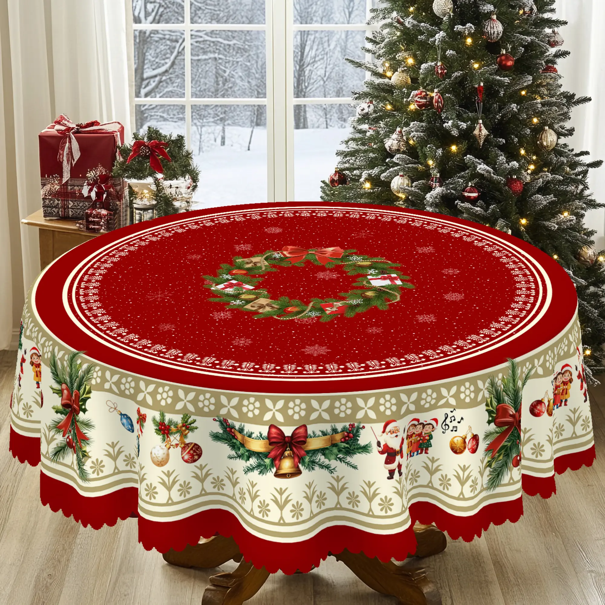 PLUMLIK Vintage Red Christmas Tablecloth with Santa Claus, Holly, Bell, Christmas Wreath Patterns, Christmas Decor 2025, Christmas Party Decoration for Indoor Outdoor, Round Rectangular Table Cloth, Holiday Home Kitchen Festive Decor, Christmas Gifts