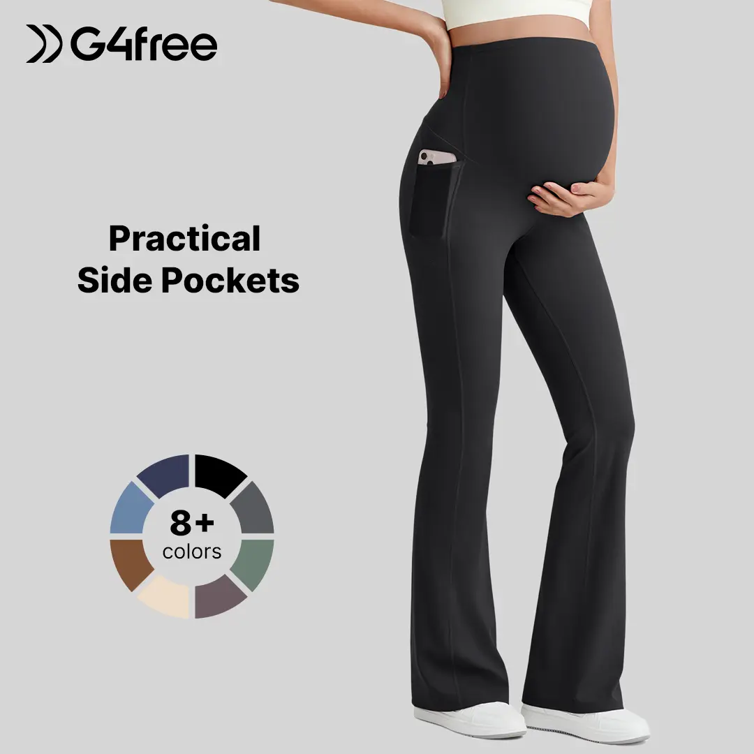 G4Free BareFeel Maternity Flare Leggings with Pockets - Over The Belly Stretchy Pregnancy Activewear, Maternity Clothing for Casual Lounge & Work Maternityclothes