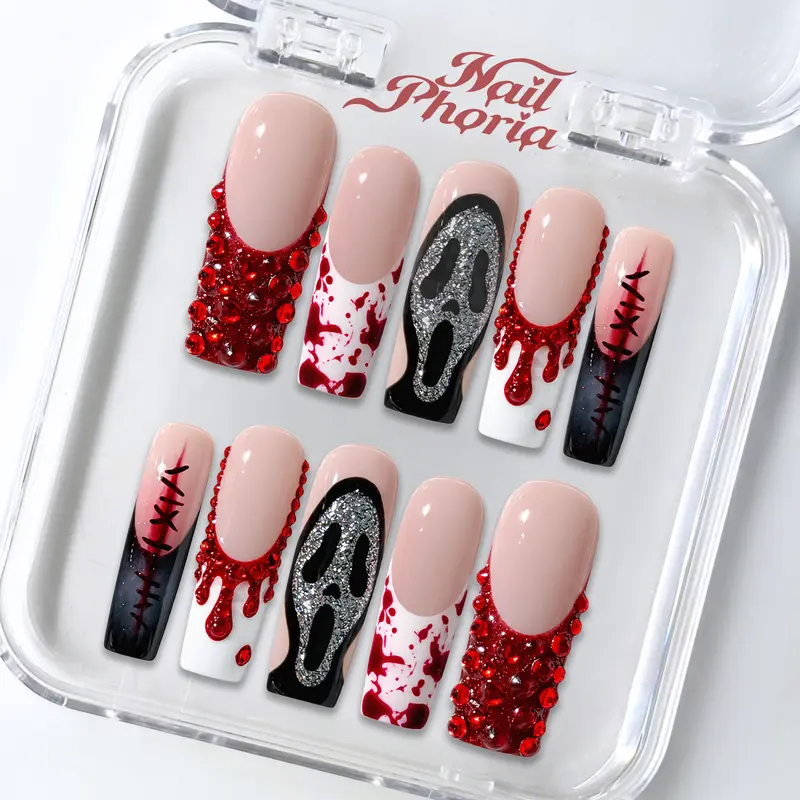 NailPhoria HORROR PARTY - Halloween Handmade Press-On Nails | Reusable, Salon-Quality, Long-Lasting, Glossy Design-Long Square 33mm