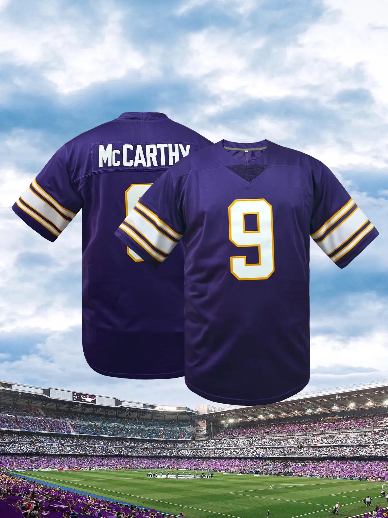American Football Jersey, Football Shirts, Sportswear - Purple V-Neck Short Sleeve with Embroidered #9 Minnesota Rugby Jersey, Breathable Polyester Sports Shirt, Athletic Tops for Training, Casual, Outdoor Activities - Unisex Fit for All Seasons