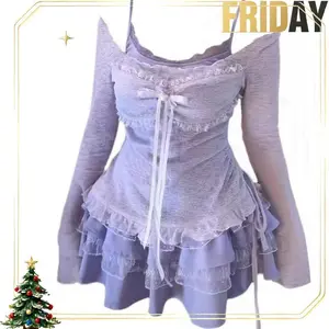 2025 new New Women Birthday Rave Korean Fashion Gyaru Y2k Coquette Outfits 2 Piece Set Fake Two Pieces Top + Mini Ruffle Skirts Chic y2k