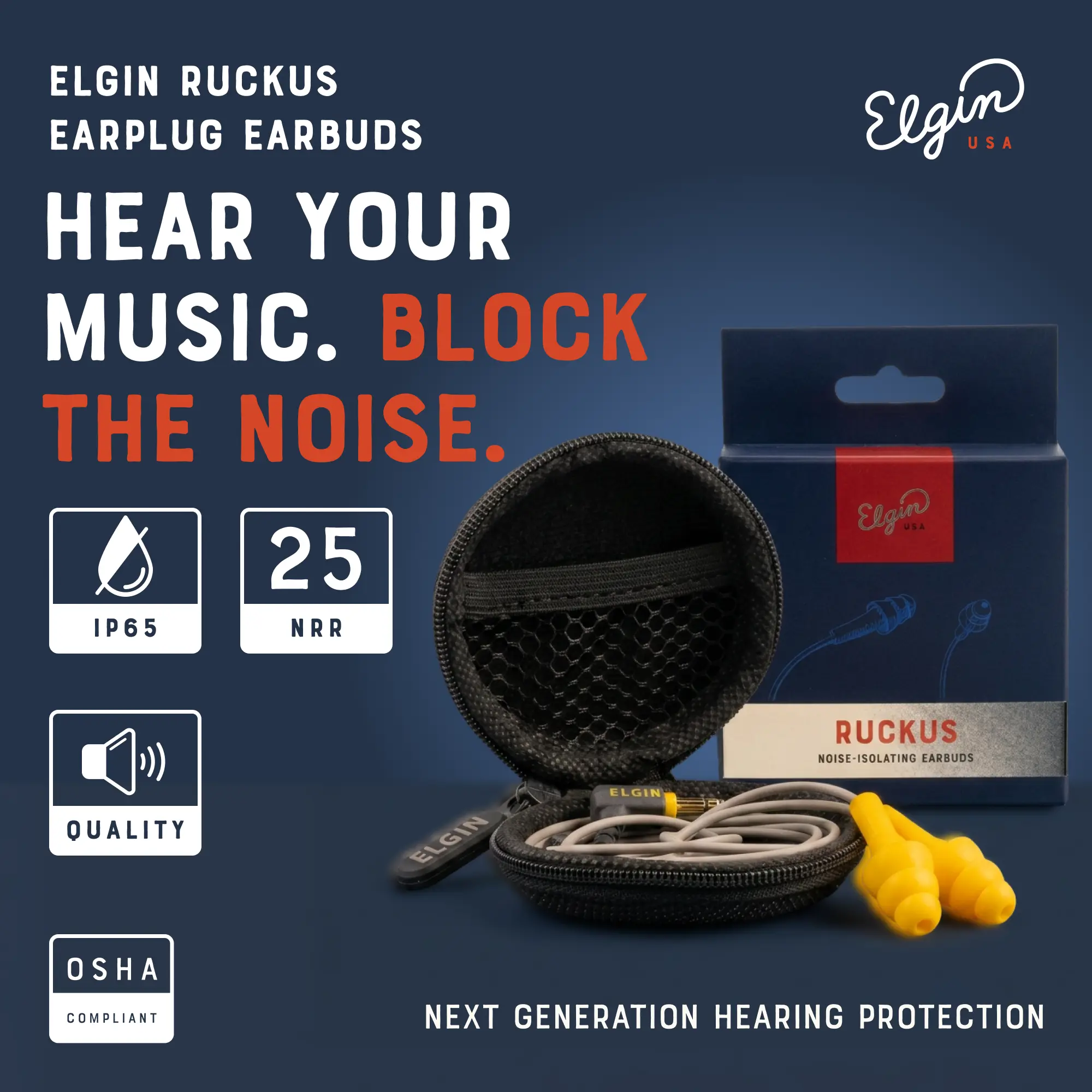 Elgin Ruckus+ Silicone Reusable Earplug Earbuds with Mic, 25 dB Noise Reduction Ear Protection Wired Headphones, OSHA Compliant Safety Gear for Work Construction, Sweatproof Audio Accessories