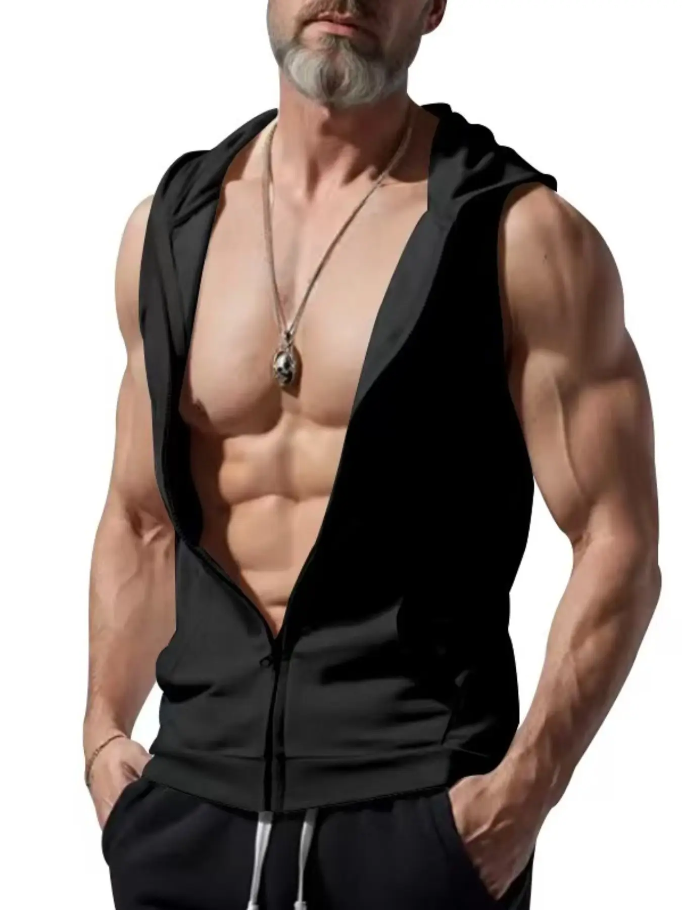 Men's sports fitness weightlifting training zipper cap loose breathable functional vest, fashionable solid color Sleeveless Sporty Design, suitable for Japanese-style casual wear, essential item for men's wardrobes