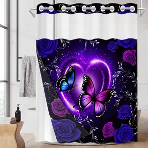 1pc hookless shower curtain with buckle lining, spring purple-black rose butterfly heart design 2D flat print, fabric waterproof lining, see-through double-layer shower curtain, 71 x 74 inches, modern home draping curtain.