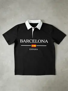 Barcelona Print Polo Shirt, Spanish Theme Collared Short Sleeve Top, Geometric Pattern, Fitted Long Style, Casual Wear