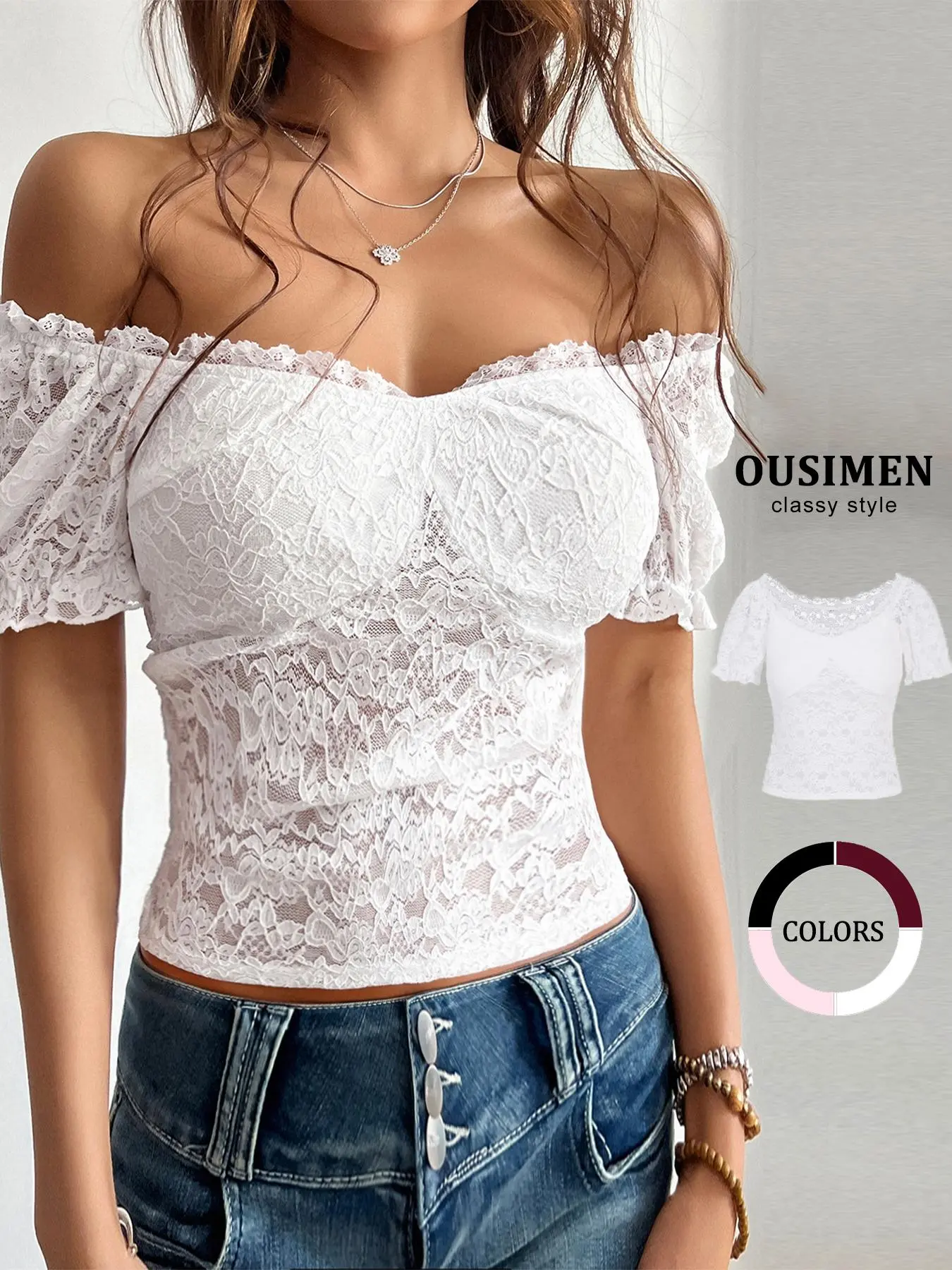 Women's Plain Floral Lace Sheer Blouse Shirt, Sexy Fashion Casual Off Shoulder Top for Daily Outdoor Wear, Women Clothing Womenswear for Summer, Summer Tops, Fit, Casual Classy Top, Blouses Shirts Tops