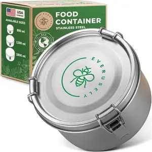 EVERUSELY Stainless Steel Food Storage Container with Lid 40 oz 1.2 L Metal Lunch Box Meal Prep Tin Food Safe Leakproof Stackable Pantry Organizer Reusable Travel Container