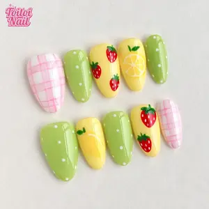 2026 Spring Collection | Almond & Oval Press-on Nail Set | Yellow Stars, Spring Sparkle Water, Lemon Strawberry & Green Grape Bubbles | Premium High-end Spring Vibe for Daily DIY & Home Parties | Reusable & Fashionable Nail Art Kit
