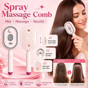 Steam Brush for Hair, Air Cushion Massage Comb with Red Light Therapy, Water Spray Hair Brush, Self-Cleaning Detangling Anti-Static Hair Care Comb