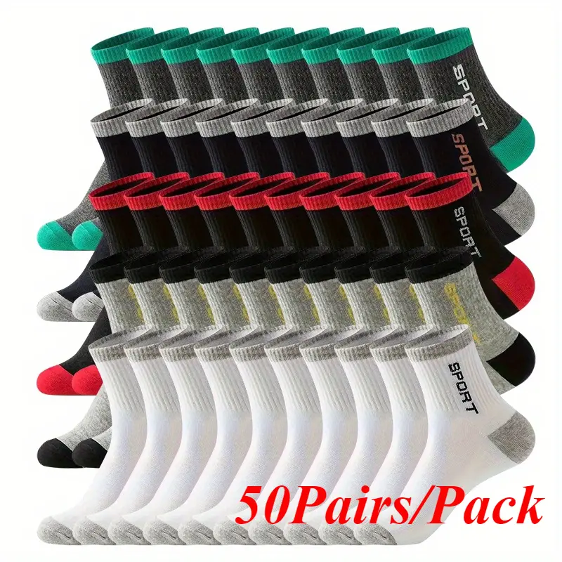 Men's White Mid-Calf Crew Socks (50 Pairs), Comfy Casual Athletic Socks for Outdoor Fitness, Basketball, White Athletic Socks