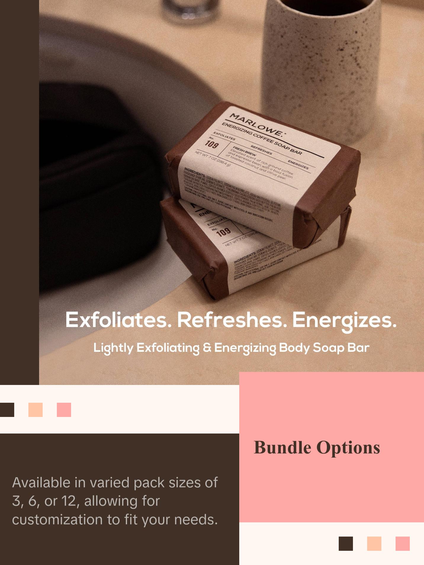 MARLOWE. No. 109 Energizing Coffee Soap Bar for Men - Fresh Brew Scented Body Soap Blend with Cocoa and Coconut Notes Caffeine Exfoliate Moisturize Cleanser Cleansing