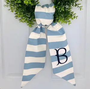 Spring Easter blue stripe monogrammed wreath sash for front door, personalized embroidered patriotic wreath sash, custom wedding bridal gift
