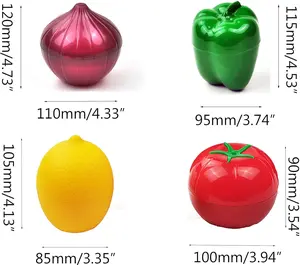 Fruit & Vegetable Shaped Food Saver Storage Containers - Onion 120mm, Tomato 100mm, Green Pepper 115mm, Lemon 105mm, Smaller Lemon 85mm - Refrigerator Crisper Drawer Organizer