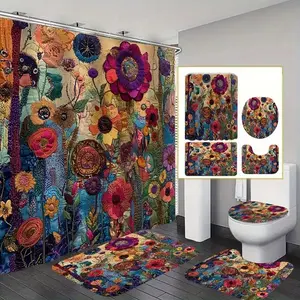 1/4pcs Retro Floral Pattern Shower Curtain Set, includes non-slip mat, U-shaped rug, and toilet seat cover. Perfect for bathroom decoration, partitioning, and beautifying the space. Comes with 12 shower curtain hooks. Bathroom Decoration Accessories