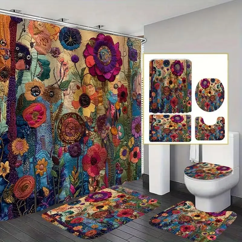 1/4pcs Retro Floral Pattern Shower Curtain Set, includes non-slip mat, U-shaped rug, and toilet seat cover, comes with 12 shower curtain hooks, Bathroom Decoration Accessories, Bathroom Accessory