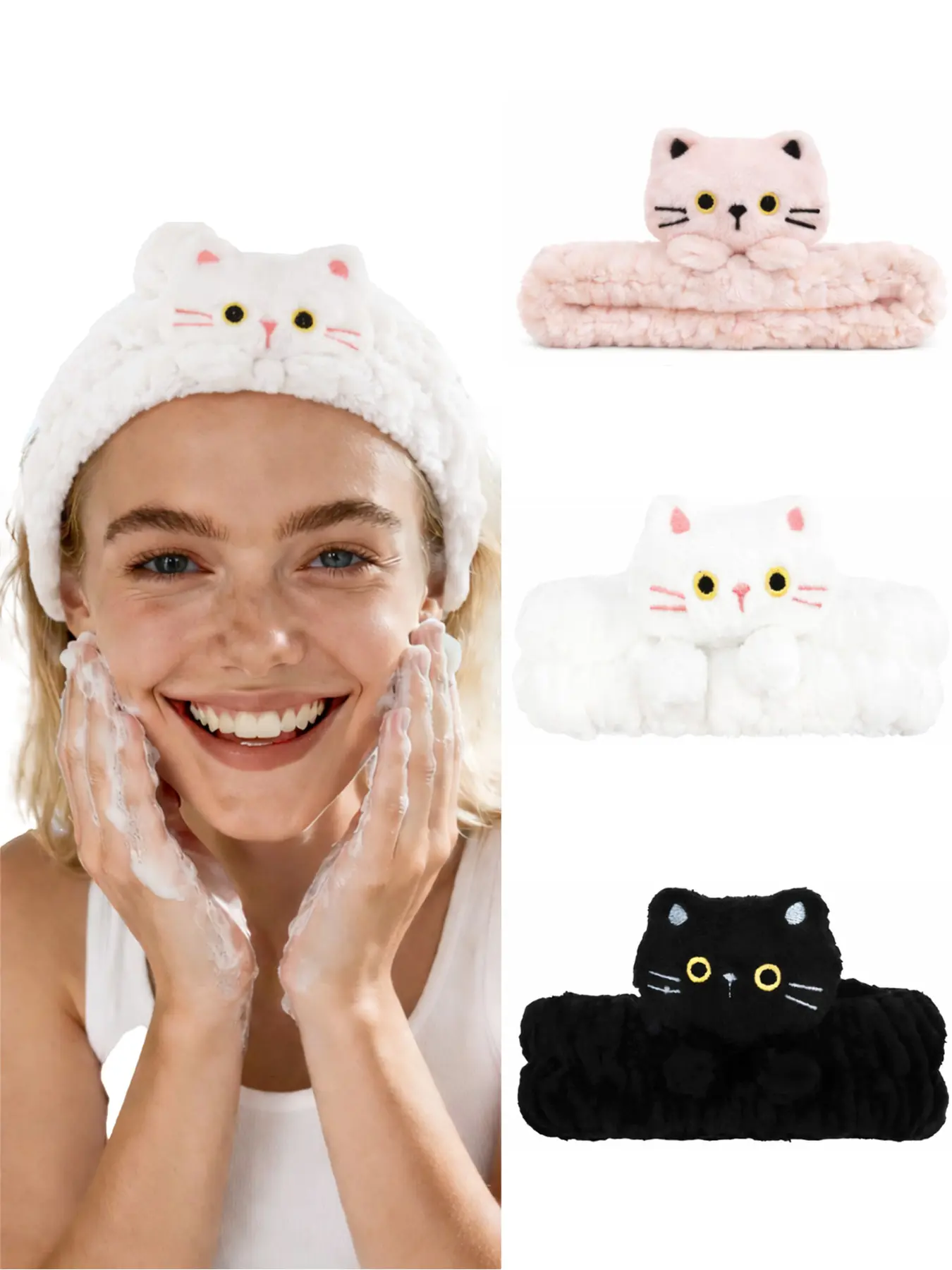 3-piece set of cute three-dimensional cat coral velvet hair bands for women's home wear, cute casual style, suitable for facial masks, makeup, face washing, soft and seamless facial spa headwear, Headbands, Skin care headband, Headband Accessory