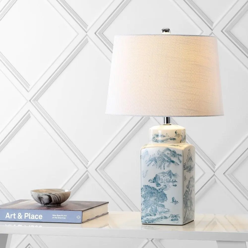 JONATHAN Y Audrey Chinoiserie LED Table Lamp - Cotton Accent, LED Bulb, Rotary Switch, Square Base, Chic Decor, Mood Lighting, Decorative Lights for Moody Bedroom, Living Room, Formal, Table Lamps