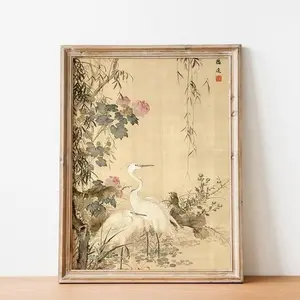 Antique Japanese Botanical Art, Egrets, Peonies, & Willows Painting, Flower and Bird Wall Art, Japanese Art Print, Vintage Botanicals Print