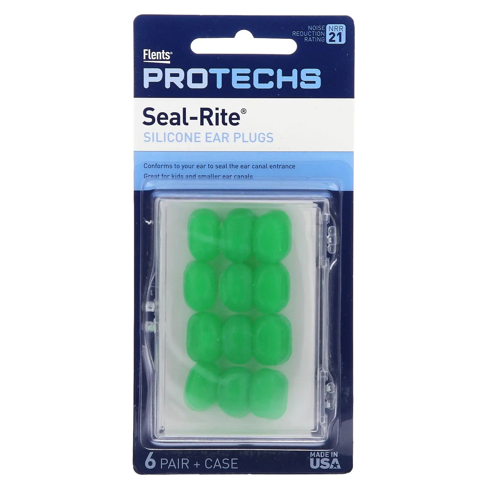 Ezy Dose Pro-Techs, Seal-Rite, Silicone Ear Plugs, Green, 6 Pair & Case