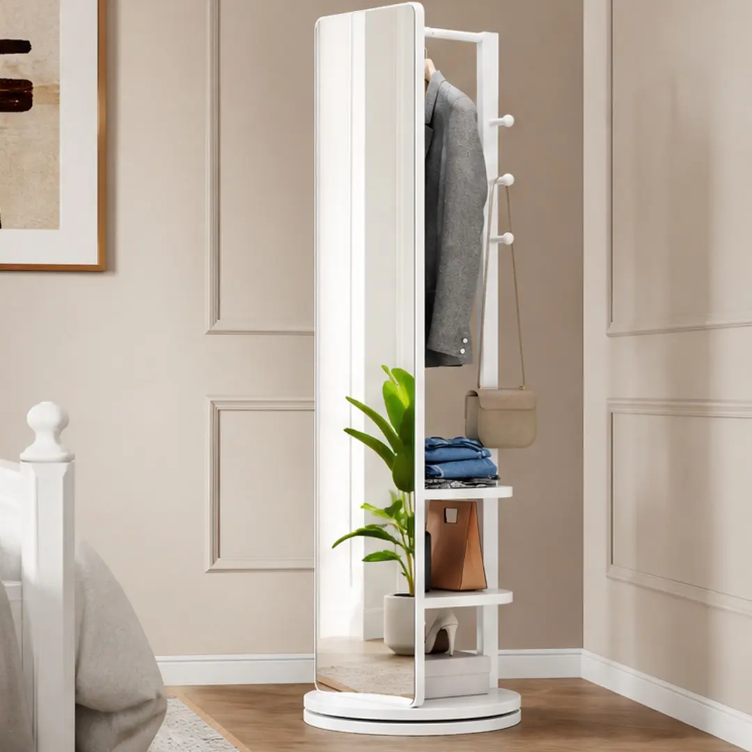 ARCH 360° Rotating Full Length Mirror with Coat Rack, 66x17.8 inch Solid Wood Floor Mirror with Hooks, Multifunctional Standing Mirror for Bedroom Living Room Cloakroom, White, White Color Options, Mirror/Rubber Wood Material, Classic Style