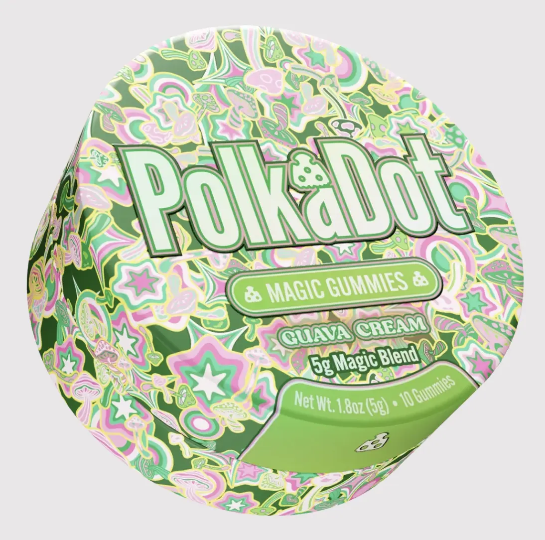 Polkadot Guava Cream Gummies, 10 Count, High Potency Plant-Based Gummies, Soft Chewy Gummies, 100% Organic Ingredients, High-Quality Formula, Freshness-Sealed, Secure Reusable Metal Tin, Travel-Friendly Packaging, Proudly Made in USA