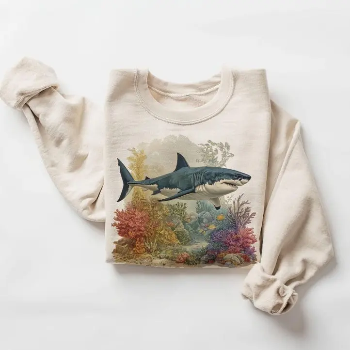 Vintage Great White Shark Coral Reef Ocean Sweatshirt - 90s Ocean Creatures Scuba Diving Outfit - Boho Unisex Hoodie Women