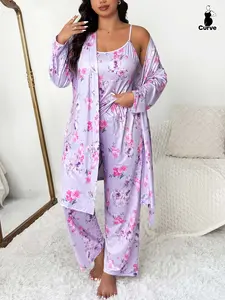 【Plus Size】 Floral Print Lounge Robe & Cami Top & Pants Pyjama Set, Casual Comfy Loungewear Set for Women, Women's Sleepwear for Spring & Fall, Soft Pajamas