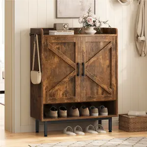 Yaheetech Shoe Storage Cabinet with Barn-Style Doors, 6-Tier Farmhouse Shoe Cabinet with Adjustable Shelves & Side Hooks, Wooden Shoe Rack Organizer for Entryway, Hallway