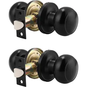 (2 Pack Round Passage Door Knob (Non-Locking Knobs), Keyless Doorknobs Interior/Exterior Door Lockset, Passage Knobs for Hallway/Closet, Black Finish Modern Design Door Hardware