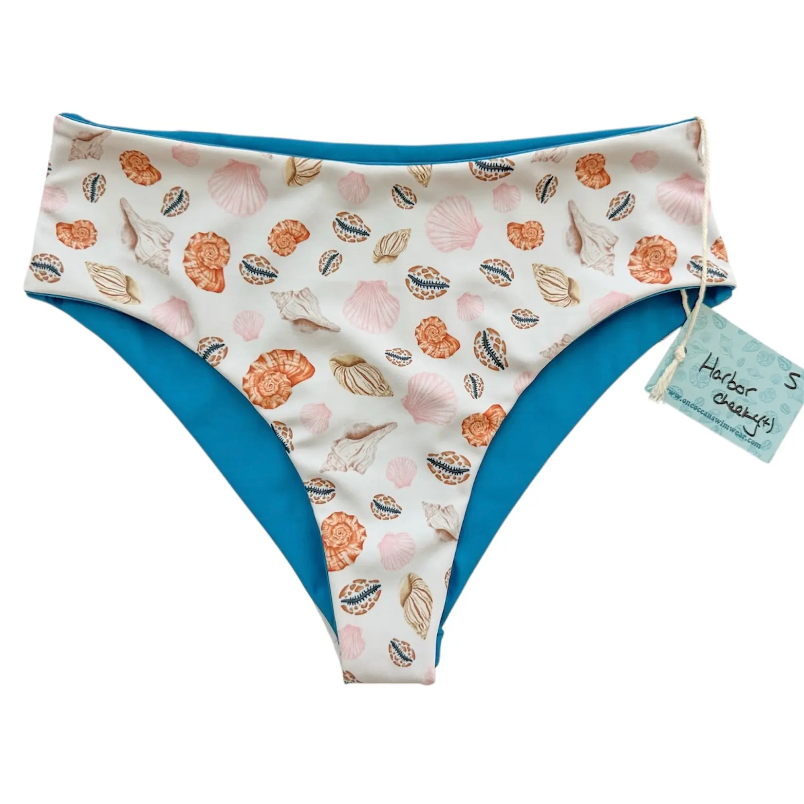 Women's S-Size Sporty Harbor Cheeky Cut Bikini Bottom - Blue Trim, Cowrie x Malibu Shell Pattern, Additional Support, Extra Cover, Ideal for Beach Days