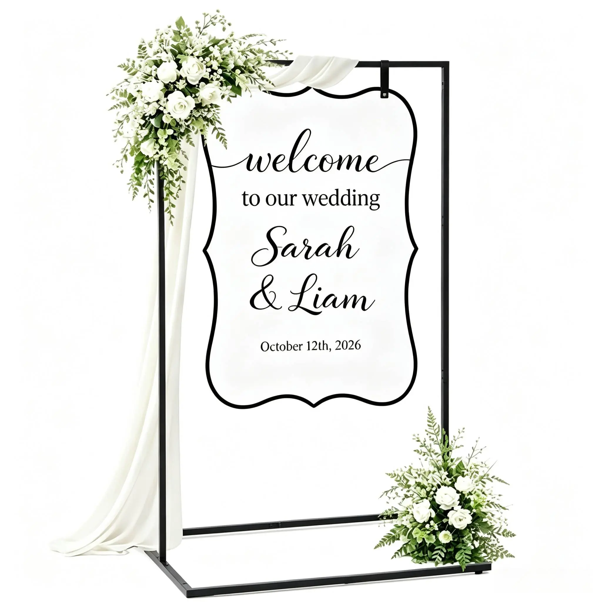 Black Adjustable Welcome Sign Stand - 4.2-5.6ft Minimalist Metal Easel with Leather Straps, Height-Adjust Artwork Event Display Holder for Wedding, Party Decor (2 Sizes Available)