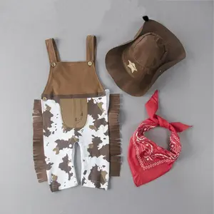 Baby 3PCS Romper Set, Camouflage Printed Sling Side Tassel Romper, Big Cowboys Wide Brim Star Hat, Triangle Printed Scarf