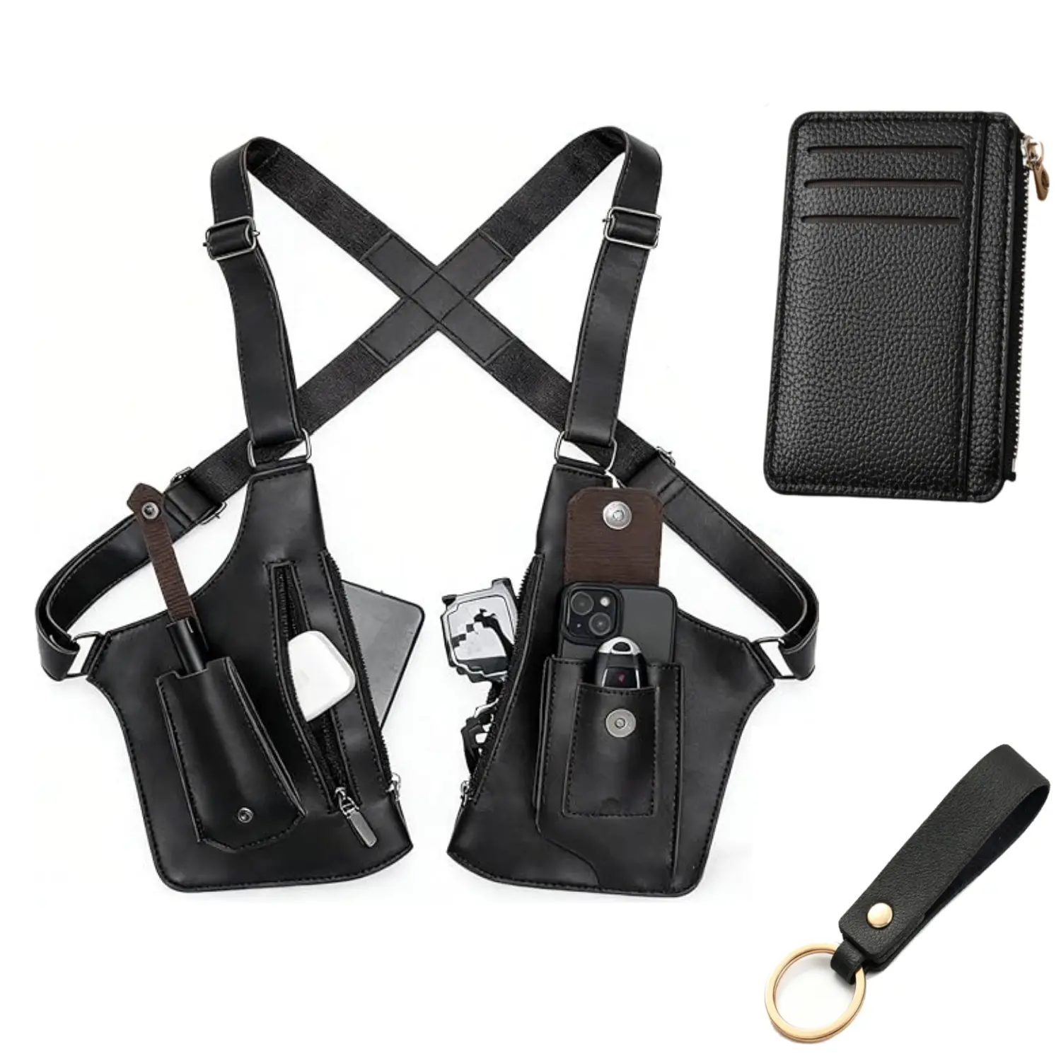 Men's 3-Pcs PU Leather Double-Shoulder Armpit Holster Bag, Hidden Carry Anti-Theft Fashion & Utility Design, Adjustable Strap, Phone & Wallet Pockets for Home Improvement & Daily Commute