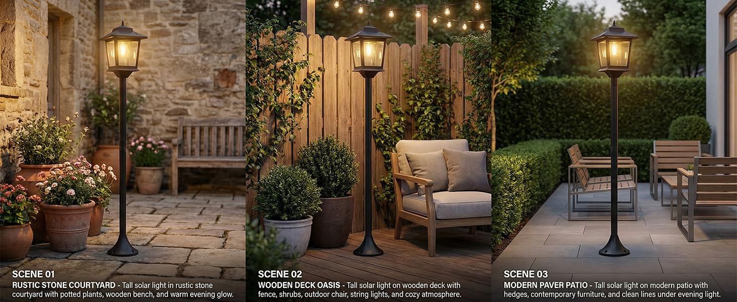 [Two Pack] PASAMIC 63" Solar Lamp Post Lights, Waterproof Outdoor Pole Lights for Patio, Garden, Yard, Pathway, Front & Back Door, Warm White with Replaceable Bulbs, #Summervibes