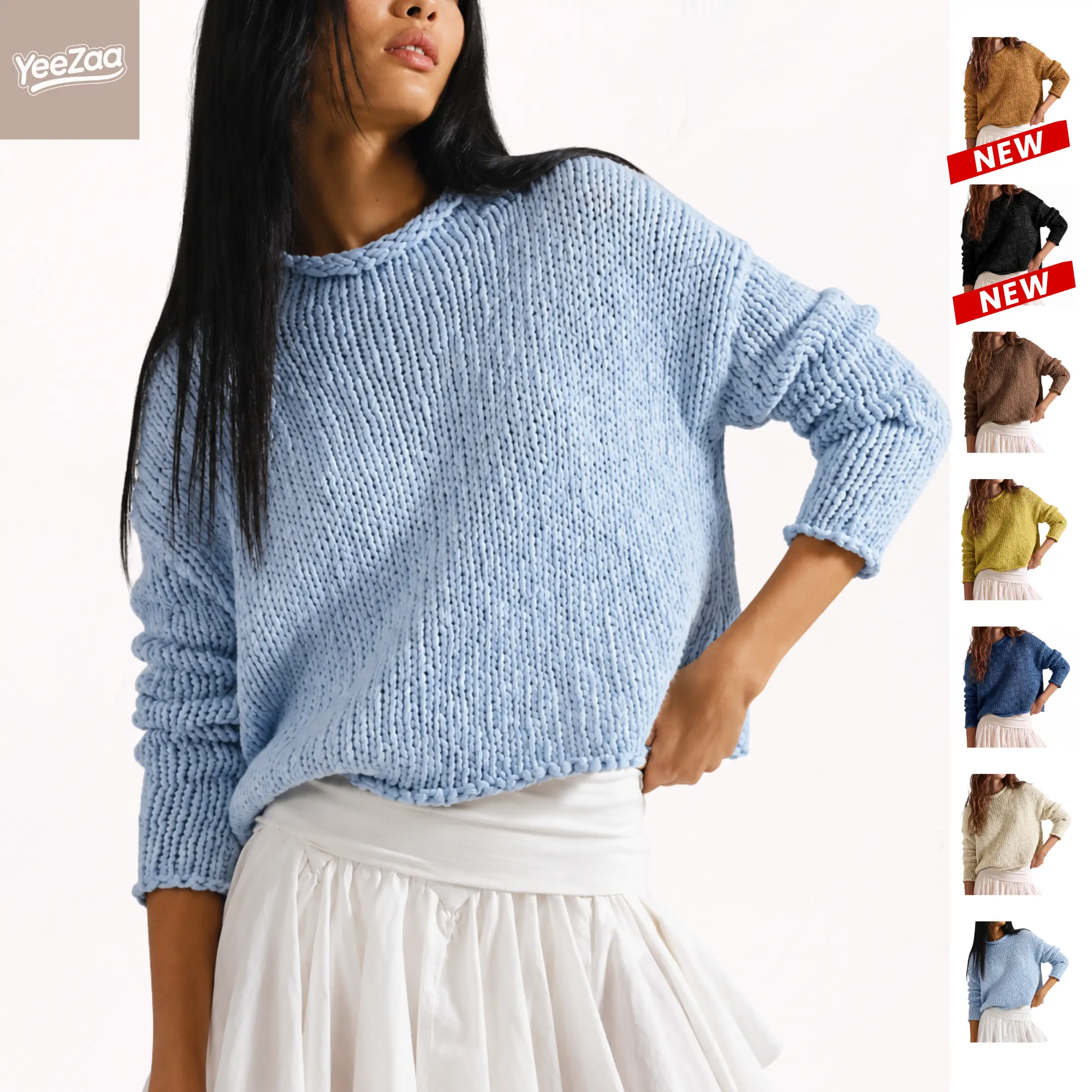 YeeZaa Rollneck Knitted Sweater for Women 2026  Fashion Fall Winter Casual Soft Chunky Cotton Long Sleeve  Crochet Knit Oversized Crewneck Pullover Top Transitional Fall Look Office Outfit