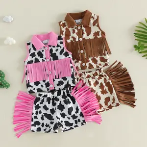 PYBCVRRD Toddler Baby Girls Summer Western Cowgirl 2pcs Outfits Set Sleeveless Lapel Cow Print Tassel Tank Tops Shorts Clothing Sets 6M-4Y