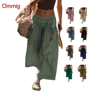 Ommig Women's Loose Wide Leg Track Pants Drawstring Pockets Elastic Waist Capri Hiking Pants