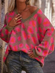 women's autumn winter v-neck long sleeve knitted sweater, leopard print color block design, stylish and cozy fashion top