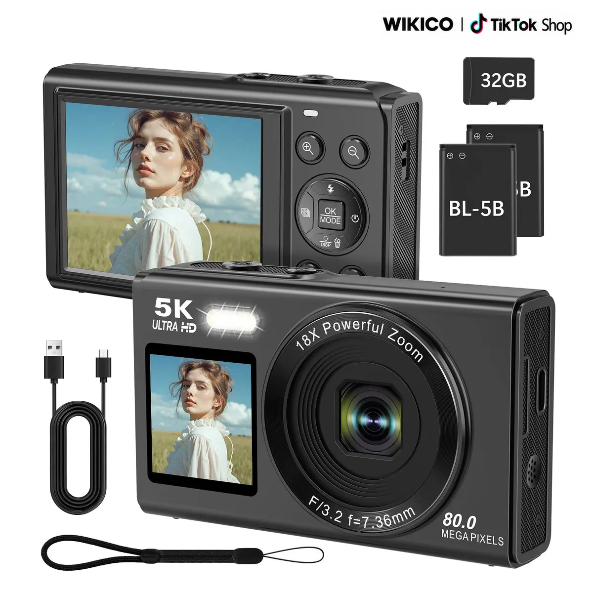 WIKICO Digital Camera Vlogging for Beginners 5K 80MP, Dual Screen Selfie & Rear Cam with 18X Digital Zoom, 8 Modes (Time-Lapse, Auto Focus), Portable Gift Set with 32GB MicroSD & 2 Batteries, USB Compatible
