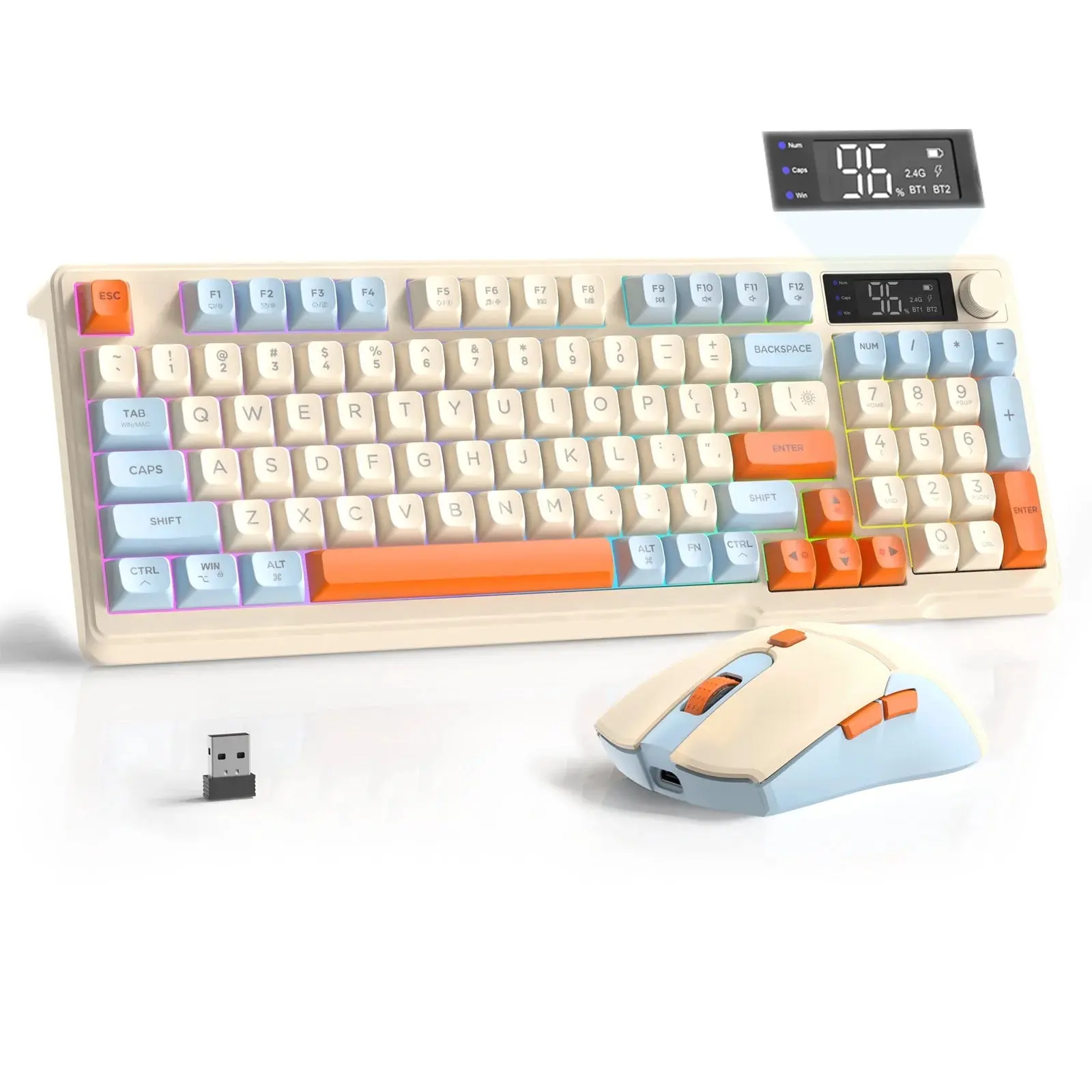 T96 Wireless Gaming Keyboard and Mouse Combo, Dual Bluetooth//2.4G RGB Backlit Mechanical Feeling Keyboard with Smart Display & Knob, 4000 DPI Gaming Mouse for PC Laptop Mac Wins