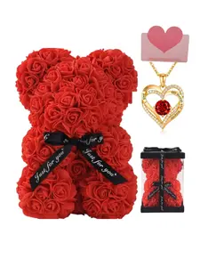 Rose Bear Gift Box Set, Includes Teddy Pendant Necklace, Realistic Rose Flowers, Greeting Card & Gift Bag, Perfect Birthday & Anniversary Jewelry Gift, Unique Birthday Gifts