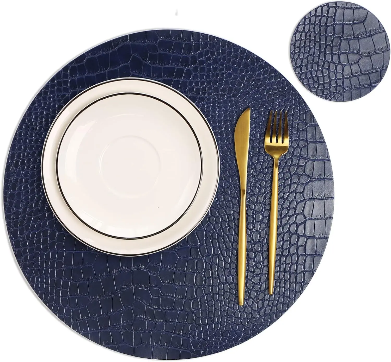 Round Leather Placemats for Round Tables Set of 4, Blue Table Place Mats and Coasters, Washable Easy to Care for Indoor Decor 13" Diameter