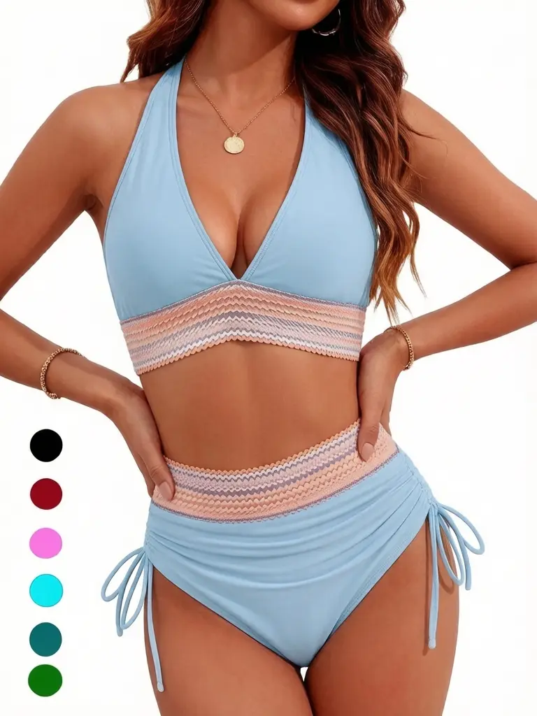 Luna & Lace Women 2-pieces Stylishmom High Waisted Bikini Sets, Tummy Control Swimsuit，with Adjustable Wide ShoulderStraps Color Block Drawstring Bathing Suit#SwimWeek #Summervibes, Colorblock Print Bikini, Swimwear Bikini