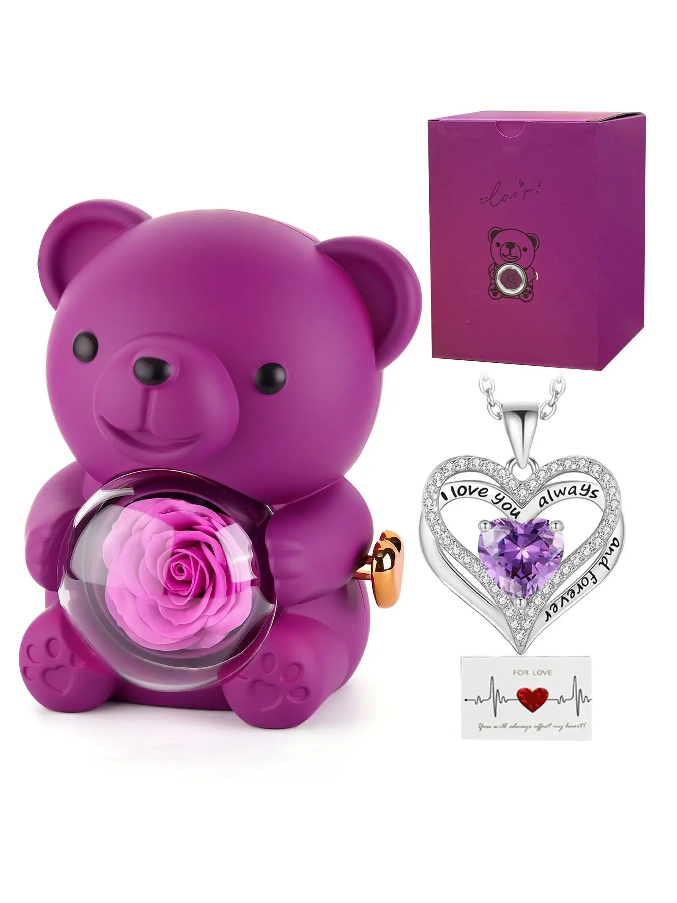 Romantic Teddy Bear Rotating Gift Box with Eternal Roses and Engraved Heart Necklace, Dainty necklaces, Elegant Rose Gift, Exquisite Jewelry Gift for Women, Perfect for Valentine's Day, Birthdays, Christmas, Anniversaries