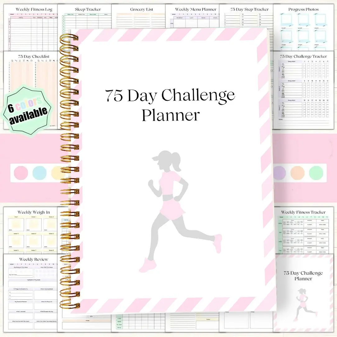 1pc Adult 75 Day Challenge Program and Fitness Workout Tracker, Weekly Weigh In - Spiral bound fitness log organizer Planner, including meal tracking, progress measurement, reading and drinking schedule