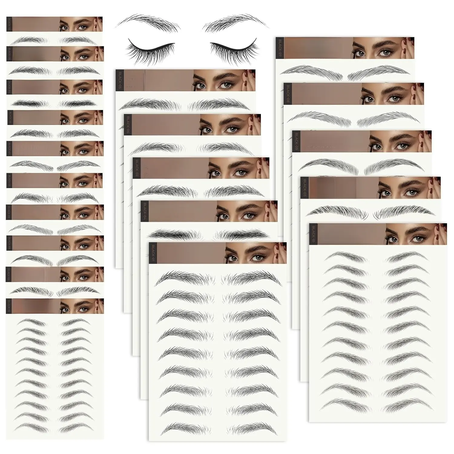 20 Sheets Eyebrow Tattoo Waterproof Eyebrow Sticker, 4D Hair Like Natural Fake Tattoo Eyebrows Peel Off Instant Transfers Brows Shaper Eyebrow Makeup Sticker for Women Girls, Variety Black
