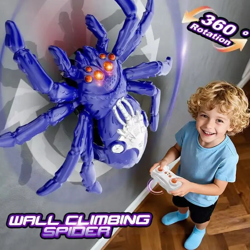 Remote Operated Wall-Climbing Halloween Spider Toy, RC Creepy Crawlers with Glowing Eyes, Rechargeable ABS Plastic 360° Spins for Walls & Ceilings, April Fools' Day Prank Gift for Boys/Girls (18 Mins Playtime)